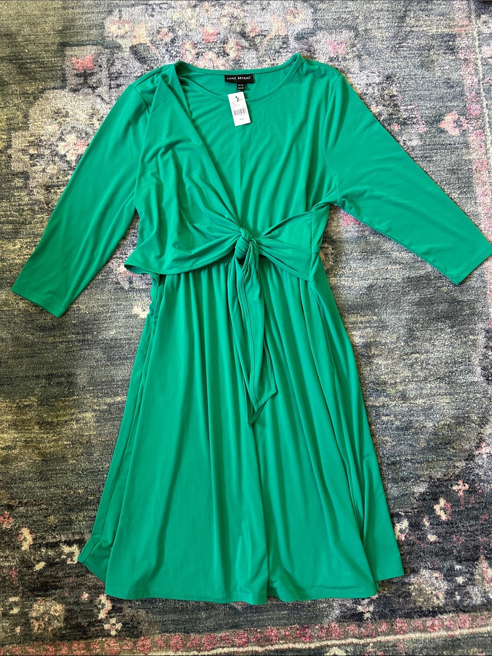 Lane Bryant Emerald Green Tie-Front Wrap Midi Dress NWT 14/16 Luxury